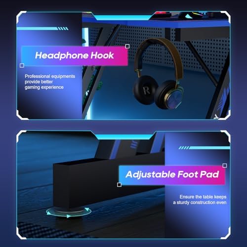 BestOffice Gaming Desk 35 in PC Computer Desk Z Shaped Gaming Workstation Ergonomic Gaming Table with Headphone Hook for Home Office,Black&Blue - Image 5