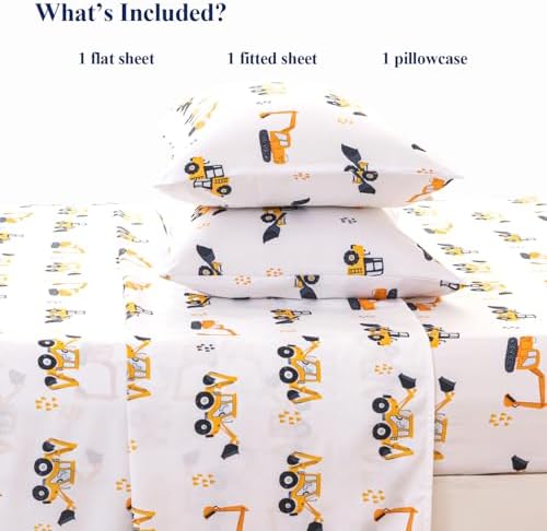 WINLIFE Kids Sheet Set Twin Size 3 Pieces Yellow Excavator Car Printed - Image 3