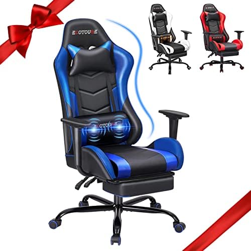 ECOTOUGE Blue Ergonomic PC Massage Gaming Chair with Footrest | Reclining Racing PU Leather, Swivel Rocker, Headrest, Lumbar Pillow, Office Desk Chair, Adjustable Height, Sturdy Base by ECOTOUGE
