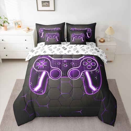 Feelyou Gamer Comforter Set with Sheets for Kids Boys Teens Game Controller Bed in a Bag Gaming Gifts 7 Piece Bedding Set Full Size for All Season,Purple Bed Set by Feelyou