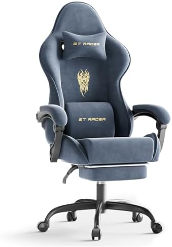 Ferghana Velvet Fabric Gaming Chair, High Back Ergonomic Gamer Chair for Adult, Comfortable Video Game Chair with Footrest and Massage Lumbar Cushion, Racing Reclining Office Computer Desk Chair Grey by FerghanaGamingChair