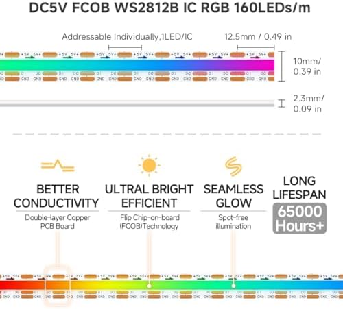 BTF-LIGHTING FCOB COB WS2812B IC RGB LED Strip DC5V 16.4FT 800LED 10mm IP30 - Image 7