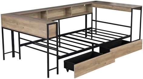 Bellemave Full Size Corner Bed Frame with Storage Drawers, Bookcase and Side Desk, Full Corner Bed with Light and Charging Station, Daybed for Bedroom, Living Room, Guest Room Gray - Image 5