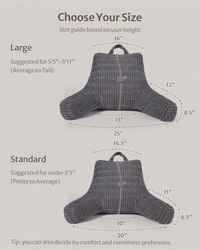 Blissful Diary Reading Pillow, Backrest Pillow with Shredded Memory Foam for Adult & Children, Designed for Bed and Couch Sitting Up, Includes Arms, Pockets and Washable Cover, Dark Gray - Image 4