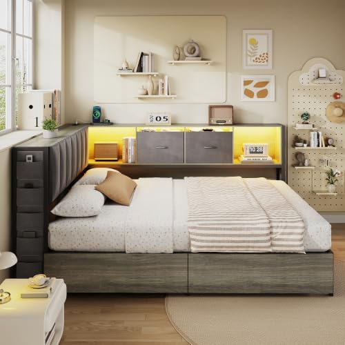 MapleGrace Full Corner Bed Frame with Upholstered Storage Headboard and Drawers, Metal Platform Bed Frame with LED Light and Charging Station, Full Daybed for Living Room, Bedroom & Guest Room, Gray - Image 6