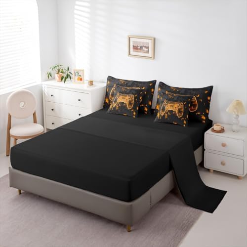 Erosebridal Gaming Bed in A Bag 7 Piece Modern Gamer Queen Bedding Set with Sheets | Video Games Comforter Set for Kids Boys Teens Bedroom, Gamepad Ombre Geometric Bed Sets, Orange - Image 4