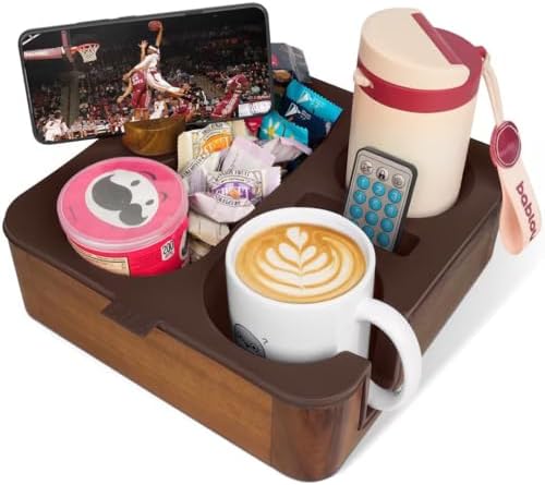 Couch Cup Holder Tray, Real Acacia Wooden Caddy with Soft Silicone, Snack and Drink Organizer- Perfect Movie Night Accessories for Bed, Remote and Cup Holders for Sofa (Coffee) by CouchBuddy