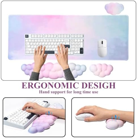 Gaming Desk Mat with Keyboard Wrist Rest Set, 4 in 1 Mouse Pad Set | Pink Large Mouse Pad & Cloud Keyboard Wrist Rest& Mouse Wrist Rest&Coaster, Comfort and Support for Typing and Gaming - Image 2