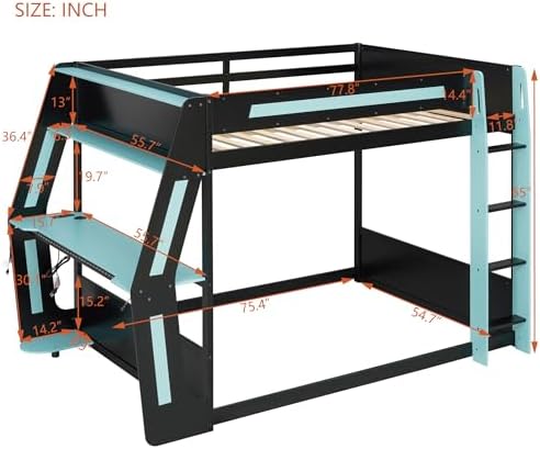 Merax Full Over Full Gaming Bunk Bed Frame with Side-Mounted Oversized Desk, USB Charging Ports & Cable Grommet & Light, Cool Design Heavy-Duty Esports Loft Bed Frame, Blue - Image 2