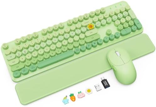 Wireless Keyboard and Mouse Combo, Magnetic Soft-Touch Wrist Rest, Round Keycaps, Full-Size Retro Typewriter Keyboard, 2-Stage Tilt Legs, Auto Sleep, 2.4GHz Cordless for Windows PC (Green Ombre) by SABLUTE