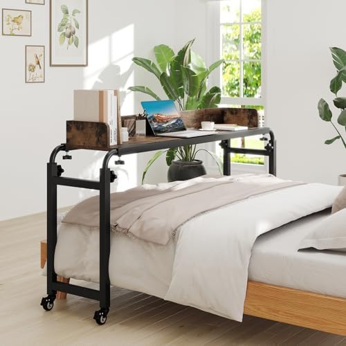 Tangkula Overbed Table with Wheels, Queen Size Mobile Bed Desk with Adjustable Height & Length, Rolling Computer Desk with Metal Frame, Laptop Cart for Bedroom, Living Room, Hospital (Rustic Brown) - Image 2