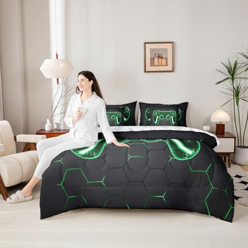 Feelyou Gamer Comforter Set with Sheets for Kids Boys Teens Game Controller Bed in a Bag Gaming Gifts 7 Piece Bedding Set Queen Size for All Season,Green Bed Set - Image 6