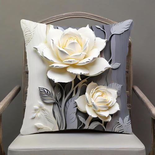 2D Flat, 2pcs Elegant White Rose Linen Throw Pillow CoverDecorative, White and Gray Rose Design, Elegant Home Decor Cushion Case，16x16 Pillows Linen Pillowcase - Image 3