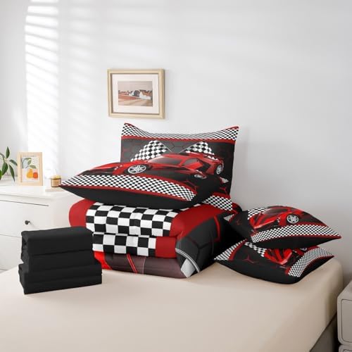 Feelyou Race Car Queen Comforter Set with Sheets for Kids Boys Black White - Image 6