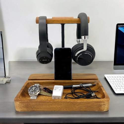 Dual Headphone Stand, Acacia Wood Holder for 2 Headsets, Phone & Tablet - Image 3