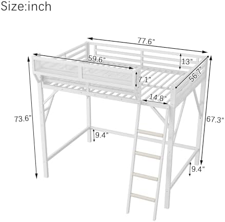 KEIKI Full Size Metal Loft Bed Frame with Ladder and Built-in Storage Shelves, for Teens, Modern Style Loft Bed with Solid Slats, Guardrail, No Box Spring Required, Easy Assembly, for Bedroom, White - Image 2