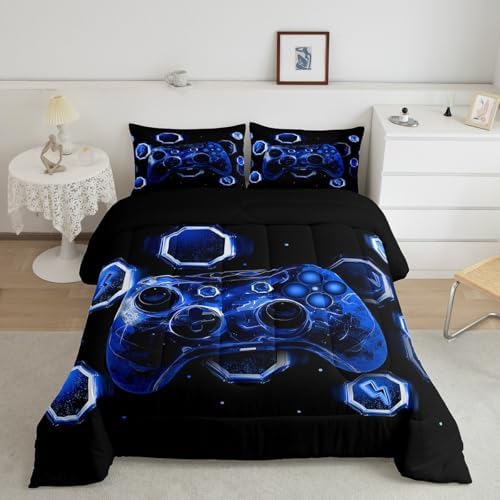 Feelyou Kids Blue Gamer Comforter Set Full Size, Game Console Comforter Space Universe Gaming Bedding Set Boys Girls Gamepad Teens Duvet Set Bedroom Decor Bed Set 3Pcs - Image 2
