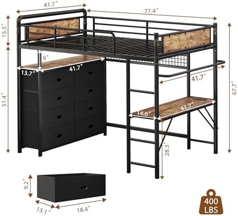 Twin Loft Bed with Desk and 8 Storage Drawers, Metal Loft Bed Twin Size with LED Lights & Charging Station, Bed Frame with Hanging Rod, Safety Guardrail & Ladder, for Kids & Teens (Rustic Brown) - Image 2