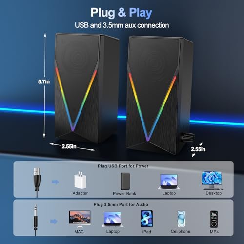 Computer Speakers, Desktop PC Speakers with 6 Colorful RGB Lights, Headphone Jack, Enhanced Bass and Volume Control, USB Powered & 3.5mm Aux Gaming Speakers for Laptop Monitor PC Tablet Phone - Image 3