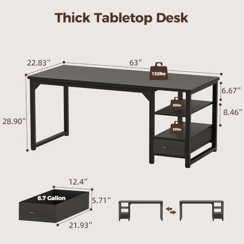 Mericonia 63" Reversible Computer Desk with Drawer, 1" Thick Office Desk - Image 2