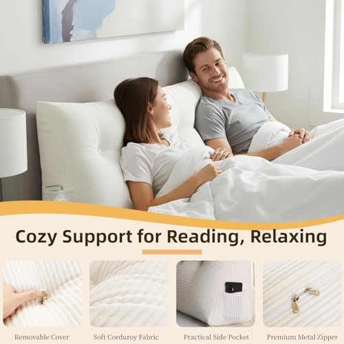 Wedge Reading Pillow Headboard Queen Size, Headboard Bolster Pillow for Bed, Triangular Backrest Cushion with Removable Corduroy Cover, White - Image 4