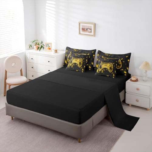 Erosebridal Gaming Comforter Sets for Boys, Video Games Bedding Set 7-Piece King Size | Modern Gamer Sheet Sets with Comforter Teens Gamepad Ombre Square Bed in A Bag, Yellow - Image 4