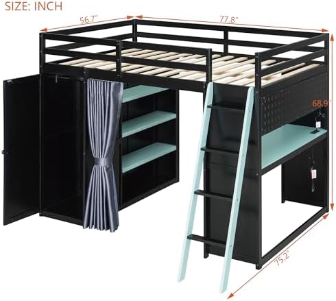 Merax Full Size Loft Bed with Desk and 6 Storage Shelves, Wardrobe, Blackout Curtain, Sturdy Wood Gaming Loft Bunk Bed Frame with USB Port & RGB Lights, No Box Spring Needed, Space-Saving, Black+Blue - Image 2