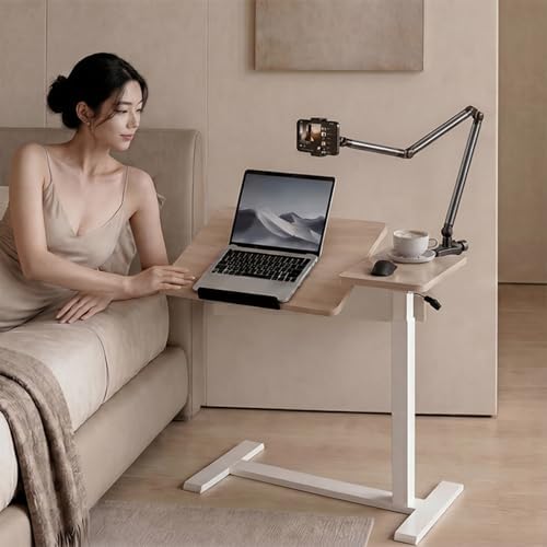 Adjustable Overbed Bedside Table with Wheels Pneumatic Mobile Standing Laptop Desk Rolling Computer Cart Movable Couch Desk Hospital Bed Table, Natural Wood - Image 5