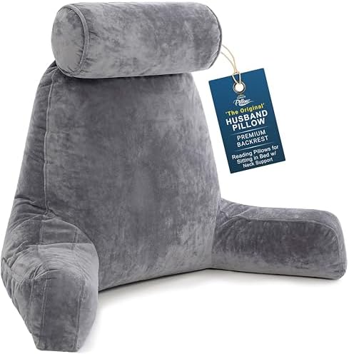 Husband Pillow XXL The Original for Adults - 30" Tall Backrest for Sitting Up in Bed - Firm Support Reading & Bed Rest Pillows for Adults, Neck Roll, Removable Cover - TV - Dark Grey by HusbandPillow