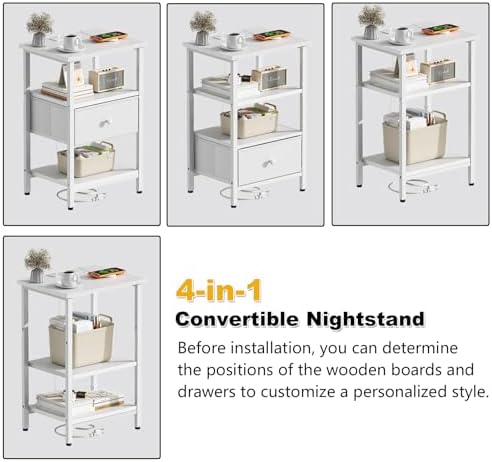 Side Table with Charging Station, Nightstand with Adjustable Fabric Drawer, Bedside Table for Bedrooms, Living Rooms & Home Decor (White) - Image 3