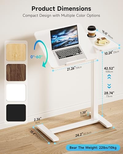 BZIUM Overbed Bedside Table with Hidden Wheels, Adjustable Medical Tilt Top Hospital Bed Table Over The Bed, Rolling Desk Mobile Standing Desk (31.5x15.8, White) - Image 3