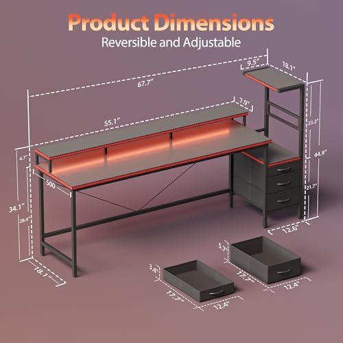 68" Reversible Gaming Desk with Drawers, Large Computer Desk, Black - Image 2