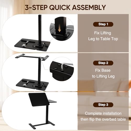 Adjustable Overbed Table with Wheels, Rolling Laptop Table for Bed & Sofa - Image 6
