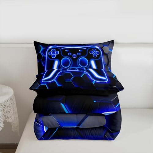Erosebridal Gaming Comforter Set Neon Honeycomb Gamer Girl Toddler Bedding Set, Retro Game Console Comforter Blue Hexagon Lights Quilt,Gamer Room Decor for Boys - Image 7