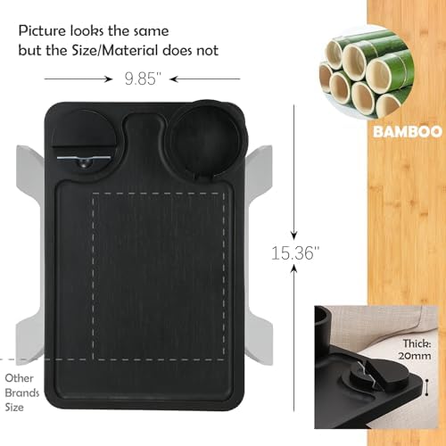 Nnewvante Couch Armrest Table 3 in 1 Bamboo Sofa Arm Clip-on Tray, Black - Image 6