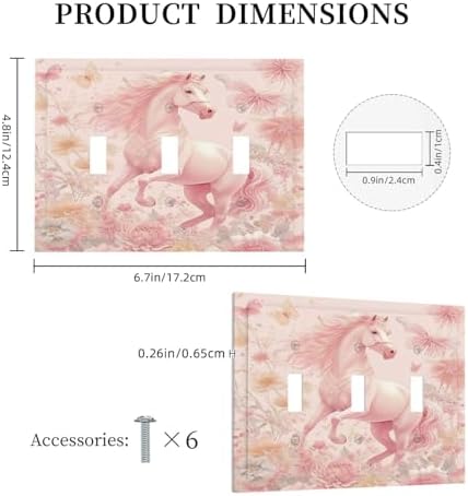 Decorative Light Switch Cover Plate Fantastical Pink Horse and Flowers 3 Gang Wall Plate Triple Toggle Switch Plate Covers 3 Hole Electrical Switchplate Dimmer Faceplate for Bedroom Decor - Image 5