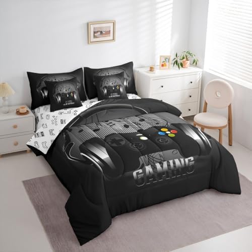Feelyou Gaming Comforter Set with Sheets Headphones Game Controller 7 Piece Bedding Set Twin Size Black Grey Video Game Decor Music Melody Bed Set Gamer Bed in a Bag for Boys Teens Soft - Image 2