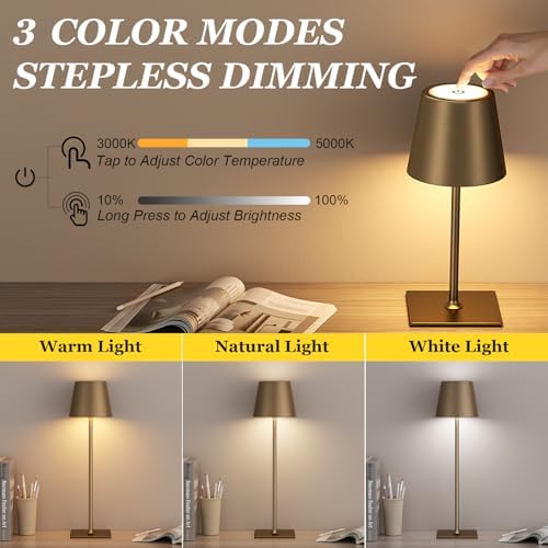 Kakanuo Brown Cordless Rechargeable Table Lamp 5000mAh Battery Operated Lamps, 3 Colors Stepless Dimming Touch Lamp for Living Room, Kitchen Counter, Dining, Outdoor Patio, 2 Pack - Image 2