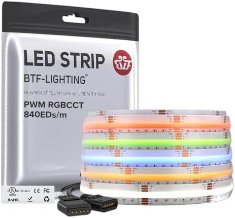 BTF-LIGHTING IP66 RGBCCT COB LED Strip Light, DC24V 16.4FT Color Changing by BTF-LIGHTING