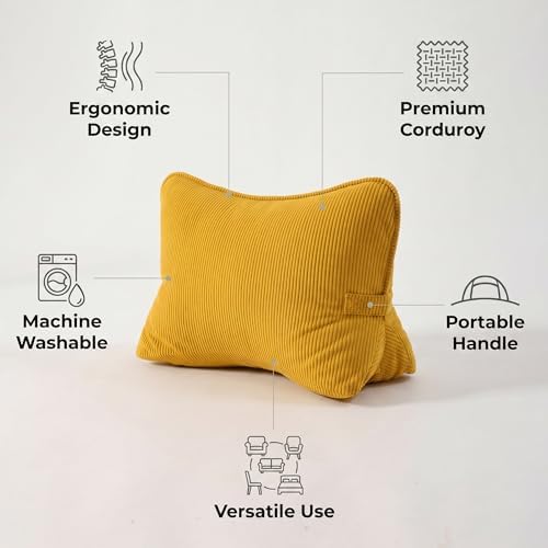 Pat. Pend. Corduroy Reading Back Pillow with Lumbar Support, Triangle Backrest Cushion for Bed Sitting & Relaxing, Support Pillow for Sofa or Headboard, Bright Yellow - Image 4