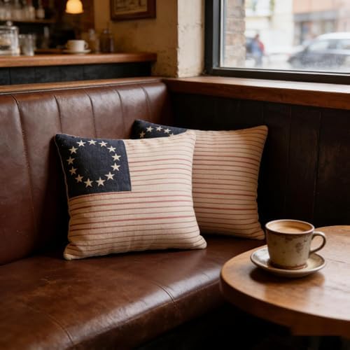 Patriotic American Flag Throw Pillow Covers, Linen, 16x16 Inch, Set of 2, Farmhouse Style, Machine Washable - Image 2