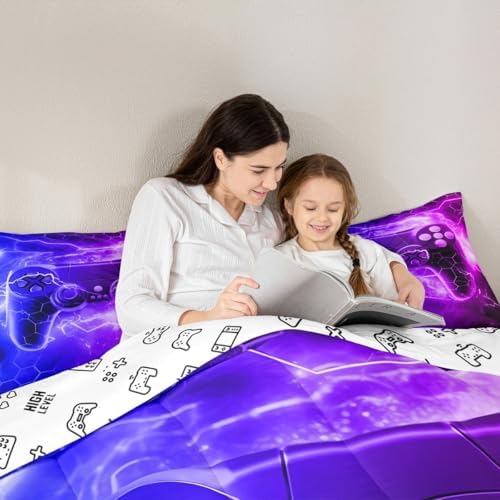 Feelyou Gamer Comforter Set Toddler Size, Gaming Comforter for Kids Purple Gamer Bedding Set Game Room Decor Duvet Set Durable Bed Set 2Pcs - Image 6