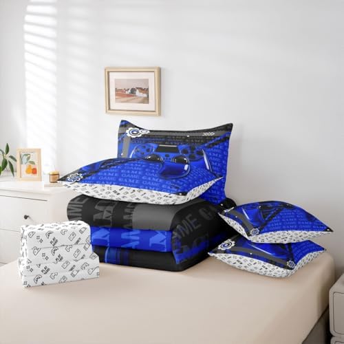 Feelyou Gamer Comforter Set with Sheets 7 Piece King Size Game Controller Bed in a Bag for Boys Gaming Gifts Bedding Set Gamepad Blue and Black Bed Set with Comforter,Sheets,Pillowcases - Image 5