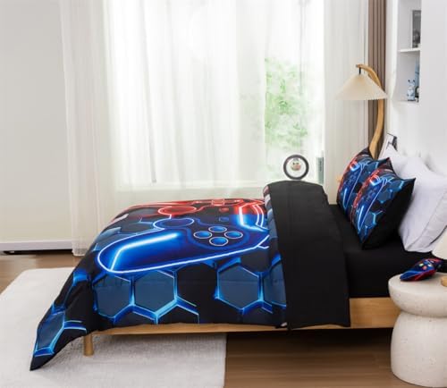 NTBED 3D Gaming Comforter Set for Boys Kids Teens,5pcs Gamer Bedding Sets with Sheet,Game Console Bed in a Bag (Red Blue, Full) - Image 2