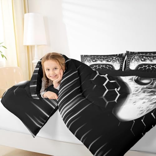 Erosebridal Ombre Art Honeycomb Gamer Comforter Sets for Boys Grey Neon Lights Game Console Toddler Bedding Sets for Boy Geometric Hexagon Beehive Duvet Insert Gaming Decor for Boys Bedroom Decor - Image 4