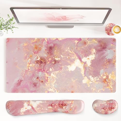 QiyI PU Leather Desk Mat Set, 4-in-1 Ergonomic Wrist Rest, Pink Marble by QIYI
