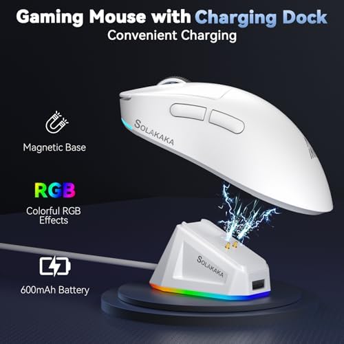 SOLAKAKA SM822 Wireless Gaming Mouse with Charging Dock, Tri-Mode Wireless Mouse, PAW3311 Optical Sensor, Up to 24,000DPI, 62g Lightweight Mouse with 5 programmable Buttons, for PC, Laptop (White) - Image 4