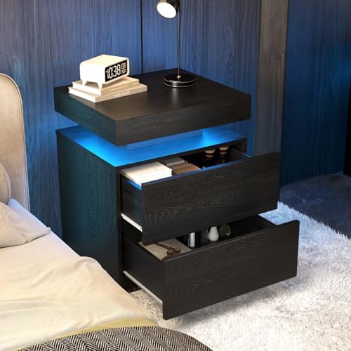 LED Nightstands Set of 2, Modern Black Night Stand End Tables with APP & Remote Control LED Lighting, 2 Drawers, Open Shelf Storage, Bedside Tables for Bedroom and Living Room - Image 5