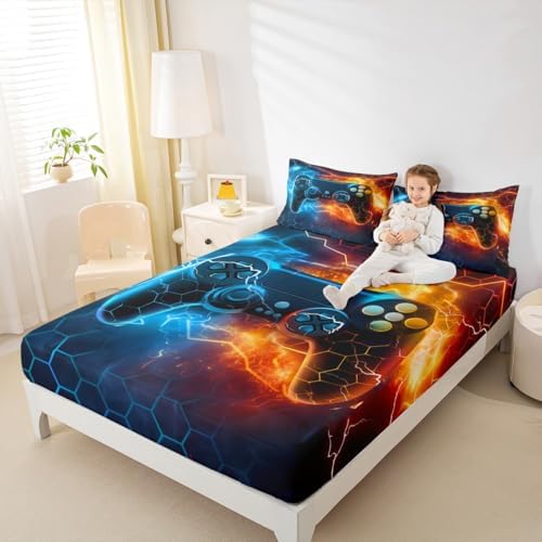 Feelyou Kids Boys Blue Red Gamer Bed Sheets Set Full Size, Honeycomb Gaming Sheets with Deep Pocket Fitted for Lightning Gamepad Sheet Set Game Bedding Set Soft 4Pcs - Image 3