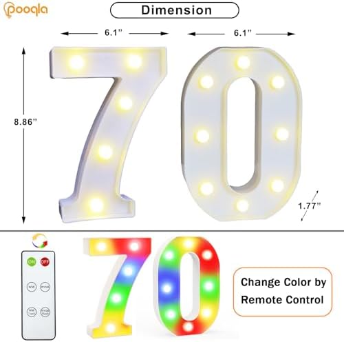 Pooqla 70th Birthday Decoration for Her Him, Decorative LED Light Up Numbers, Marquee Numbers 70 Sign for Party Backdrop 70th Wedding Anniversary Decor Gift, Warm White and Colorful Number 70 - Image 3